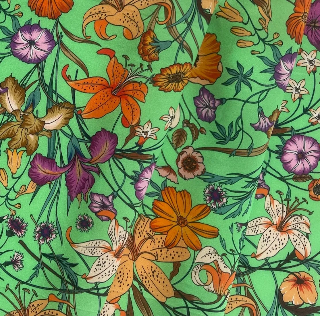What's Up Tiger Lily? on Spearmint Silk Satin Charmeuse (Made in Italy)
