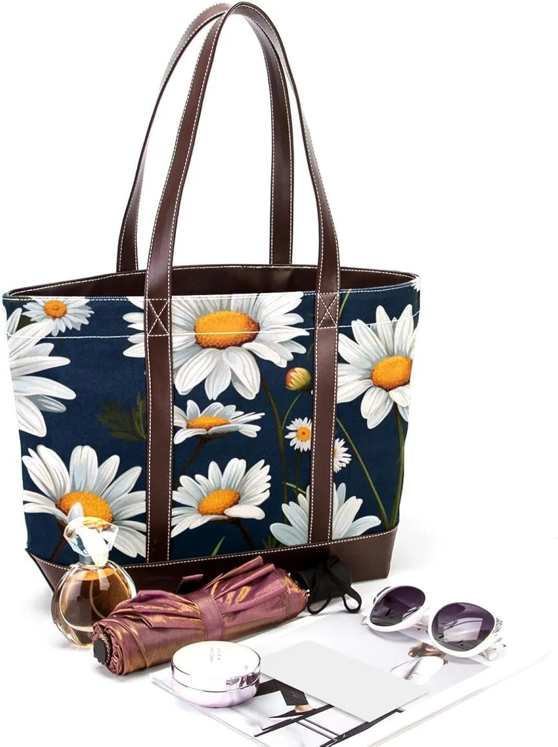 White Daisy-265 Tote Bags Durable Leather Canvas Purses and Handbags for Women Top Handle Shoulder Satchel Hobo Bags