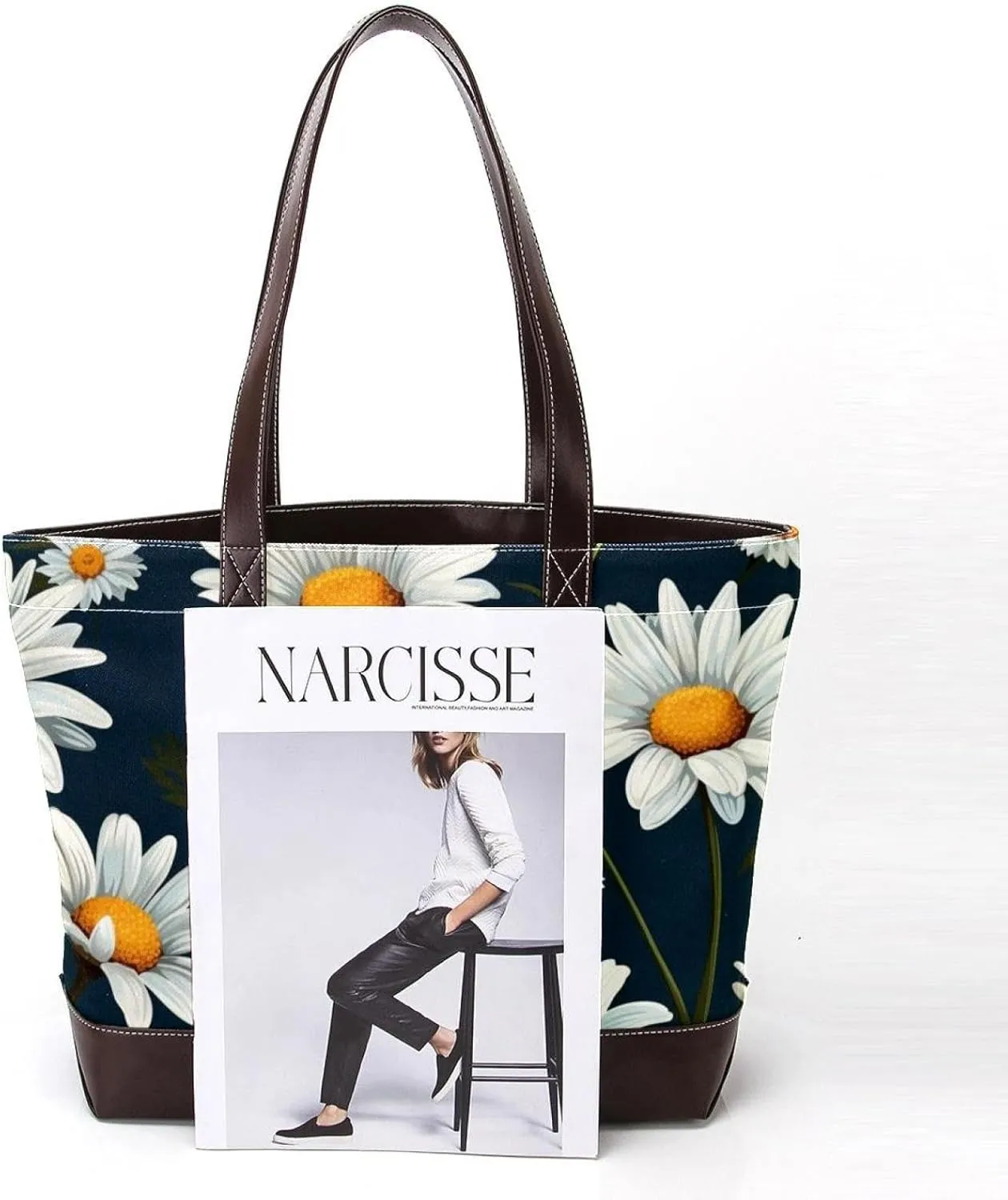 White Daisy-265 Tote Bags Durable Leather Canvas Purses and Handbags for Women Top Handle Shoulder Satchel Hobo Bags