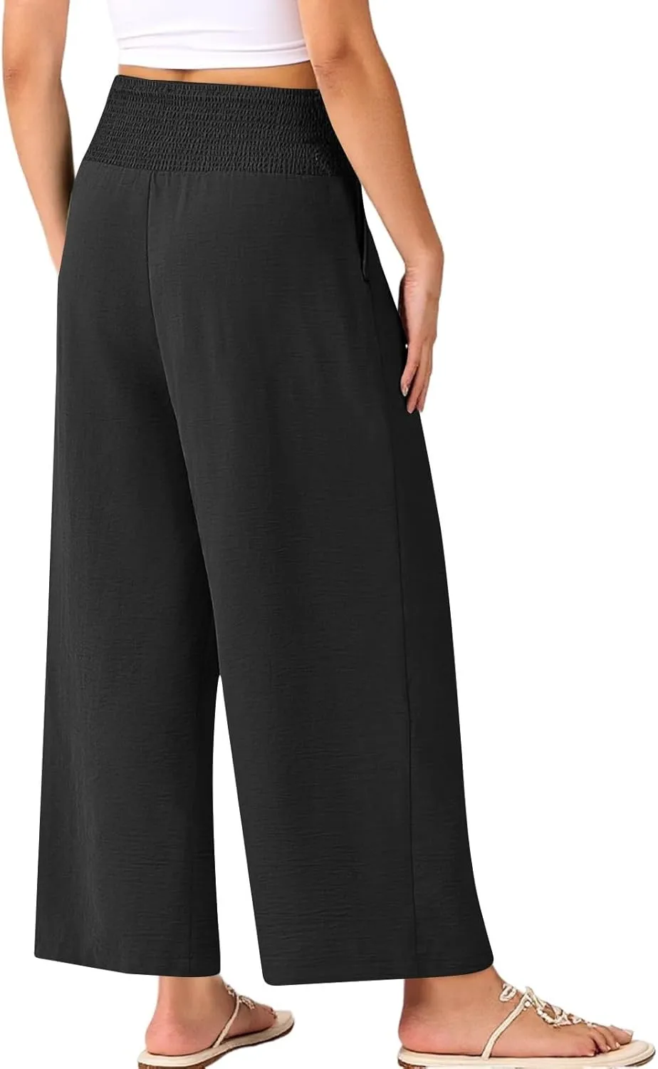 Wide Leg Linen Pants Women Loose Elastic High Waisted Smocked Lounge Palazzo Pants Flowy Beach Capri Pants with Pockets