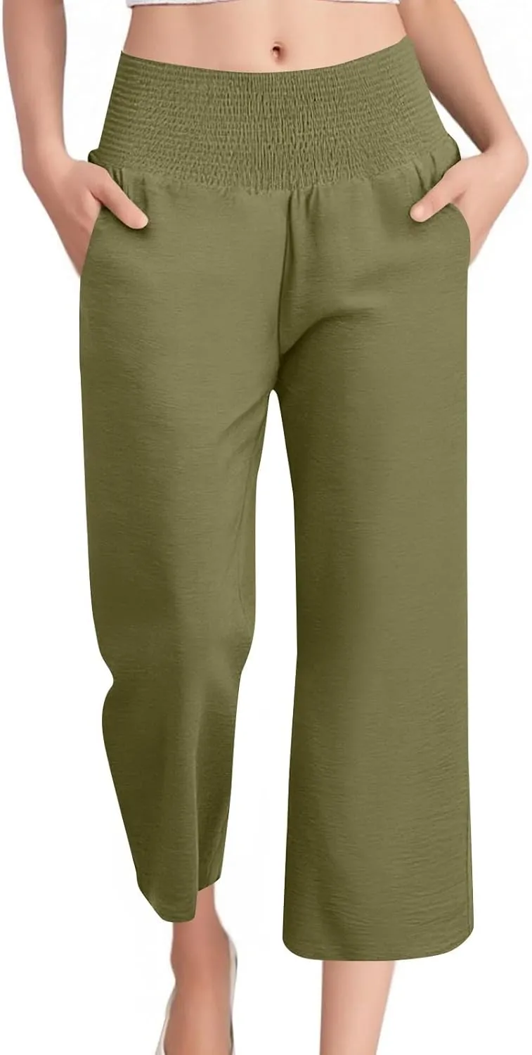 Wide Leg Linen Pants Women Loose Elastic High Waisted Smocked Lounge Palazzo Pants Flowy Beach Capri Pants with Pockets