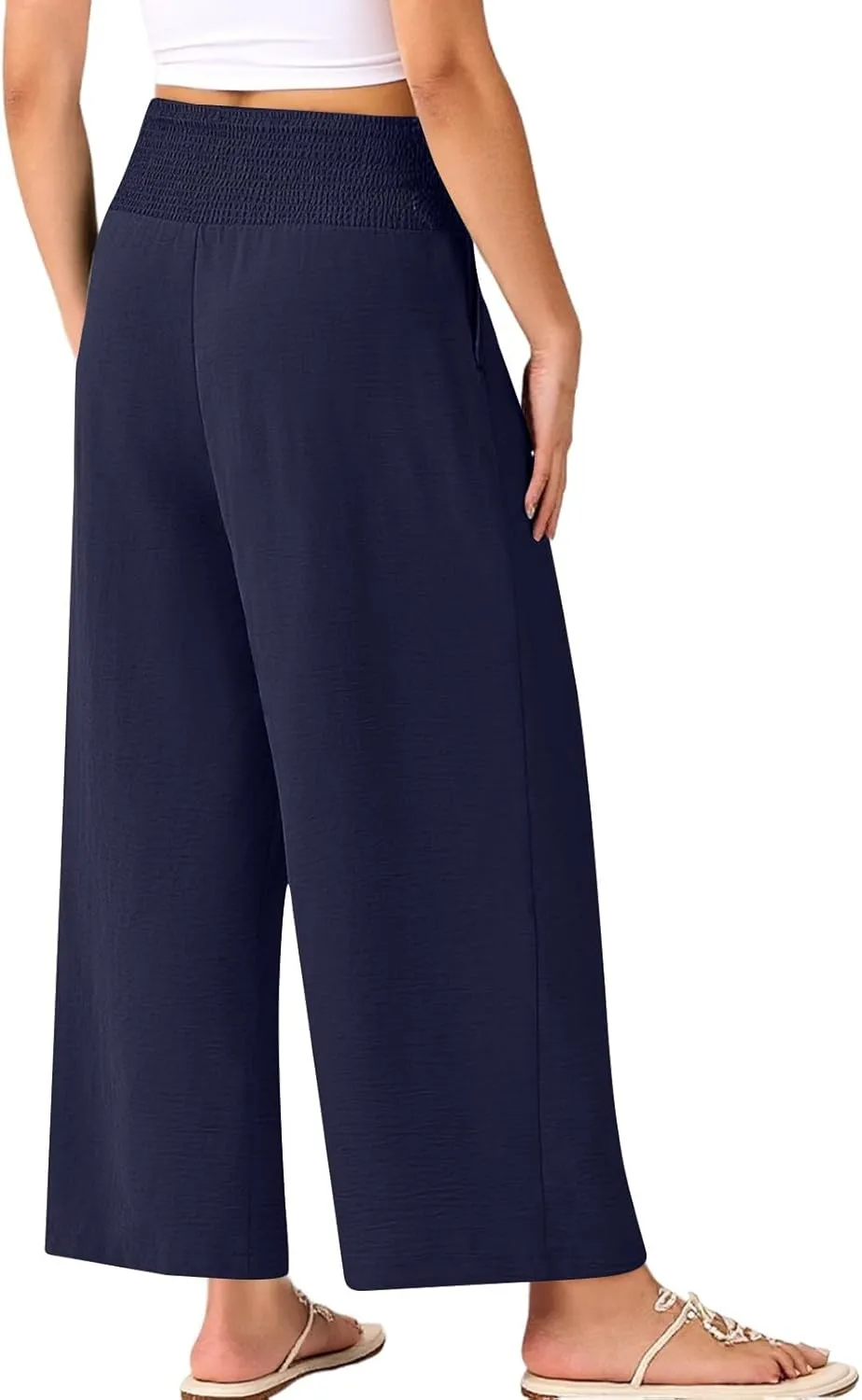 Wide Leg Linen Pants Women Loose Elastic High Waisted Smocked Lounge Palazzo Pants Flowy Beach Capri Pants with Pockets
