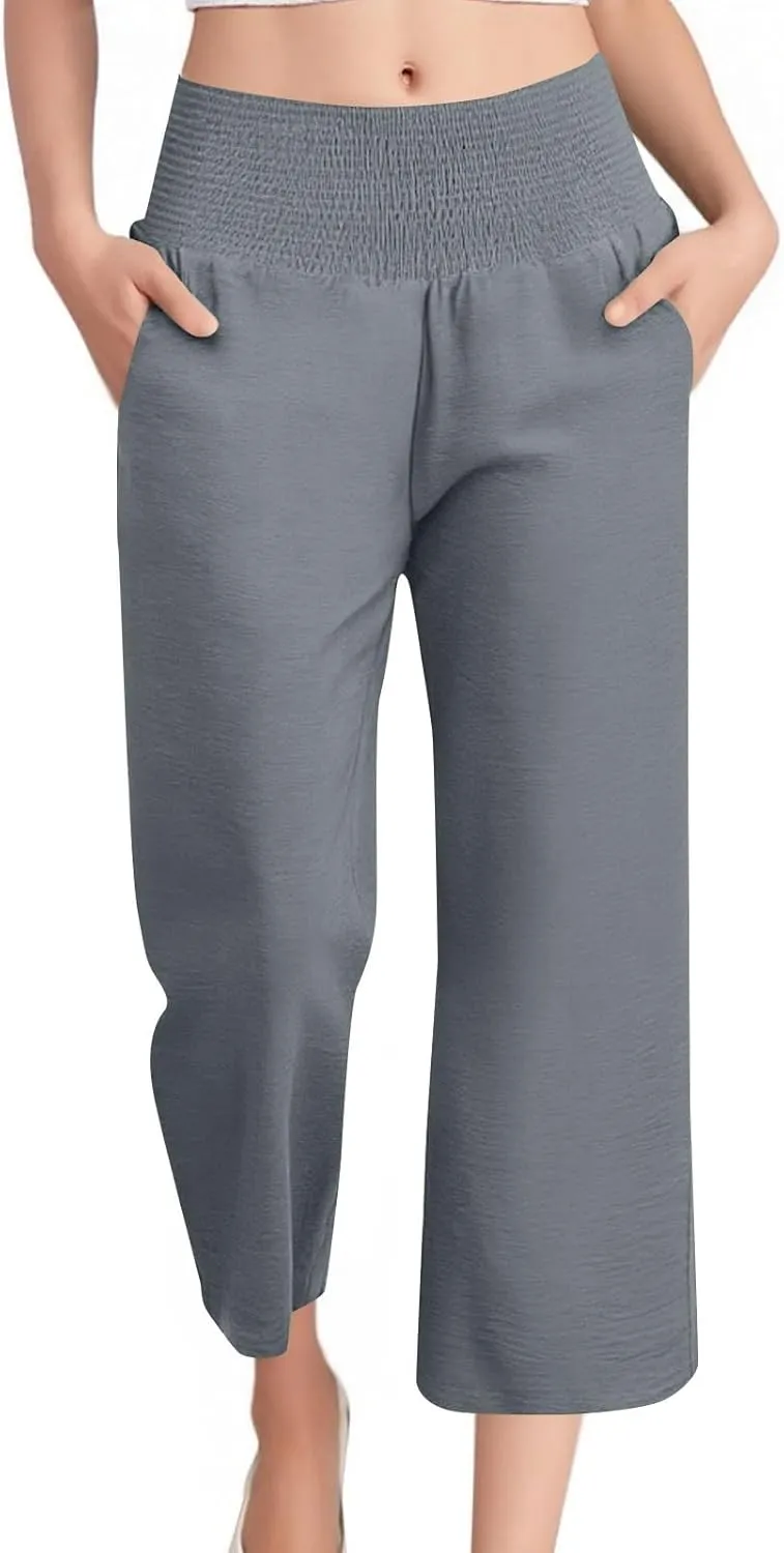Wide Leg Linen Pants Women Loose Elastic High Waisted Smocked Lounge Palazzo Pants Flowy Beach Capri Pants with Pockets