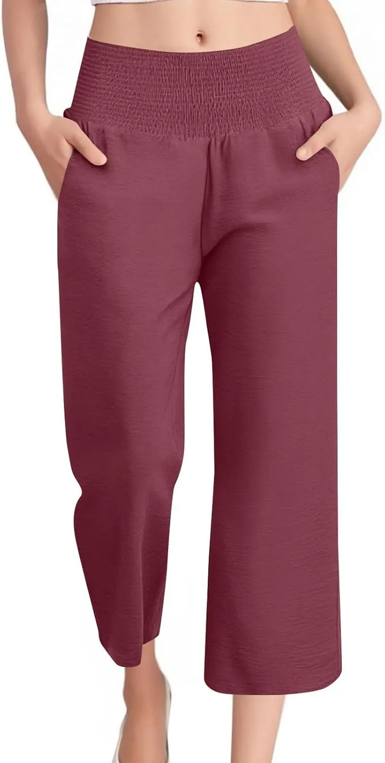 Wide Leg Linen Pants Women Loose Elastic High Waisted Smocked Lounge Palazzo Pants Flowy Beach Capri Pants with Pockets