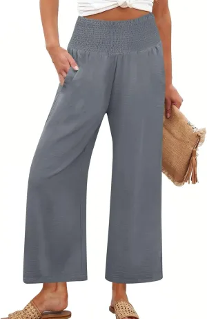 Wide Leg Linen Pants Women Loose Elastic High Waisted Smocked Lounge Palazzo Pants Flowy Beach Capri Pants with Pockets