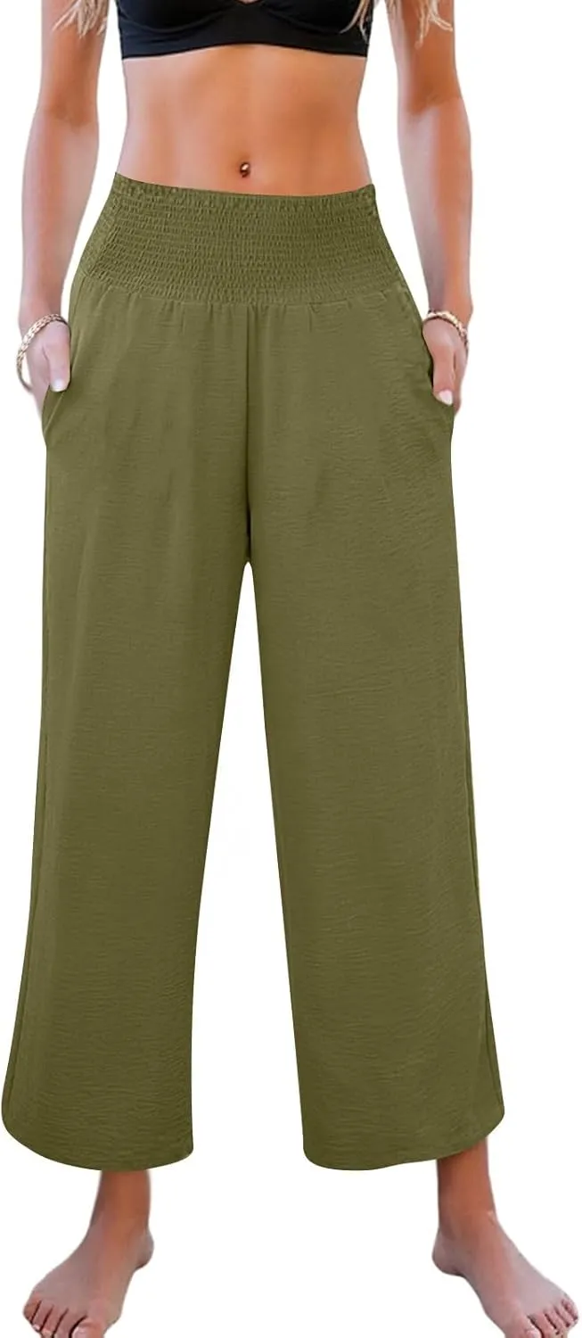 Wide Leg Linen Pants Women Loose Elastic High Waisted Smocked Lounge Palazzo Pants Flowy Beach Capri Pants with Pockets