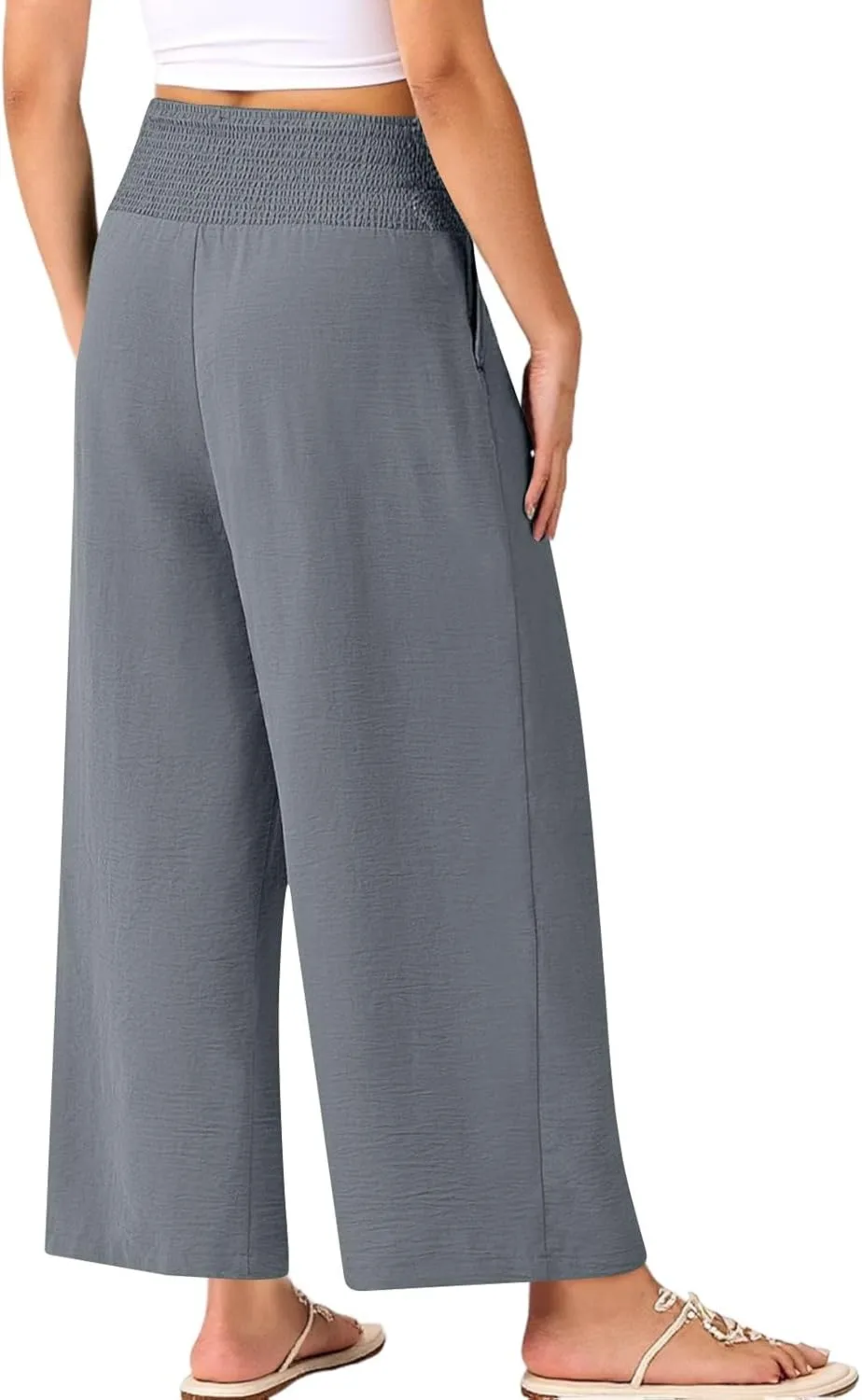 Wide Leg Linen Pants Women Loose Elastic High Waisted Smocked Lounge Palazzo Pants Flowy Beach Capri Pants with Pockets