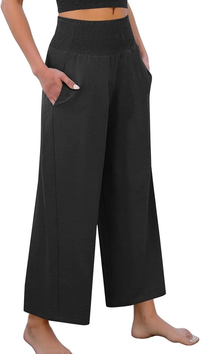 Wide Leg Linen Pants Women Loose Elastic High Waisted Smocked Lounge Palazzo Pants Flowy Beach Capri Pants with Pockets