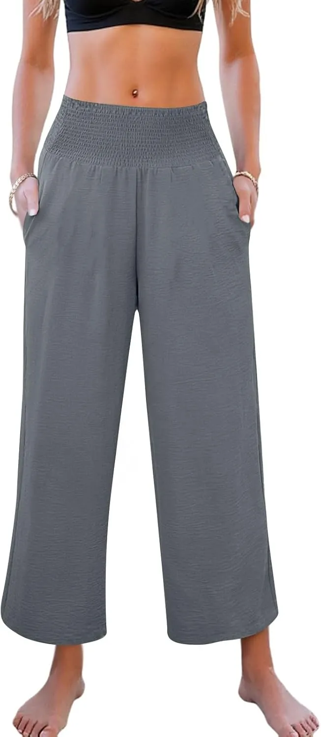 Wide Leg Linen Pants Women Loose Elastic High Waisted Smocked Lounge Palazzo Pants Flowy Beach Capri Pants with Pockets