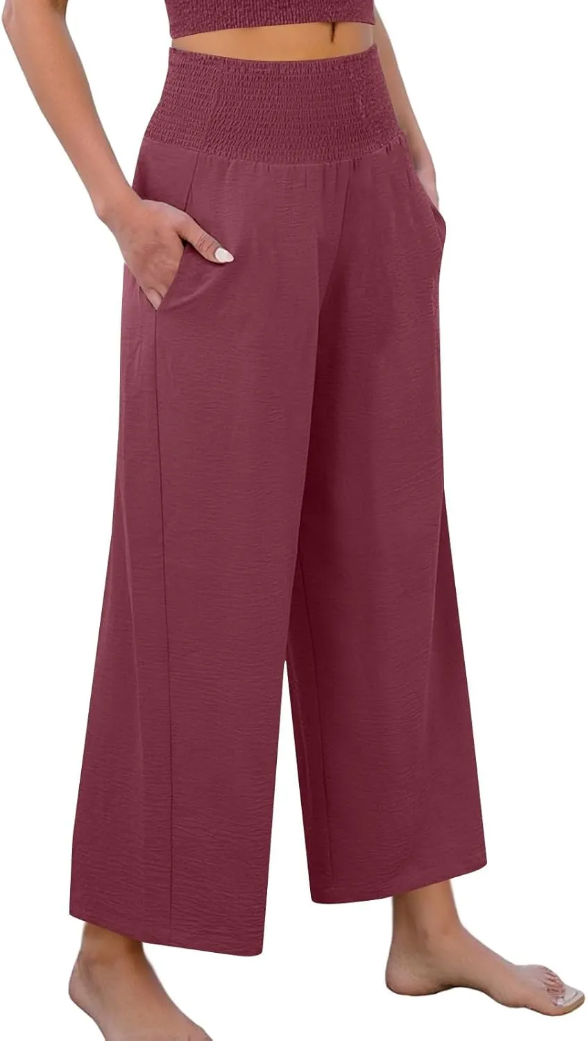 Wide Leg Linen Pants Women Loose Elastic High Waisted Smocked Lounge Palazzo Pants Flowy Beach Capri Pants with Pockets