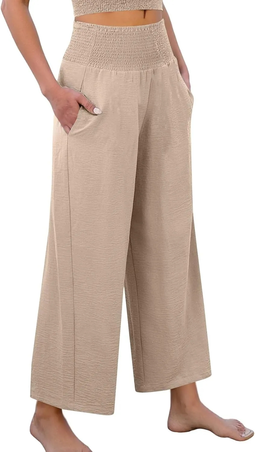 Wide Leg Linen Pants Women Loose Elastic High Waisted Smocked Lounge Palazzo Pants Flowy Beach Capri Pants with Pockets