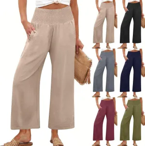 Wide Leg Linen Pants Women Loose Elastic High Waisted Smocked Lounge Palazzo Pants Flowy Beach Capri Pants with Pockets