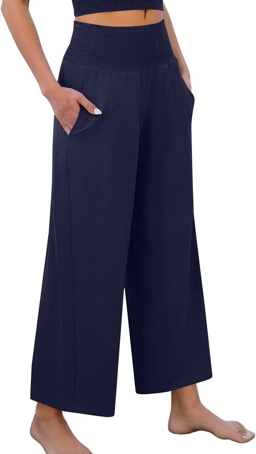 Wide Leg Linen Pants Women Loose Elastic High Waisted Smocked Lounge Palazzo Pants Flowy Beach Capri Pants with Pockets