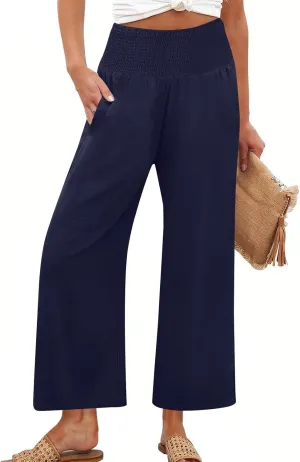 Wide Leg Linen Pants Women Loose Elastic High Waisted Smocked Lounge Palazzo Pants Flowy Beach Capri Pants with Pockets