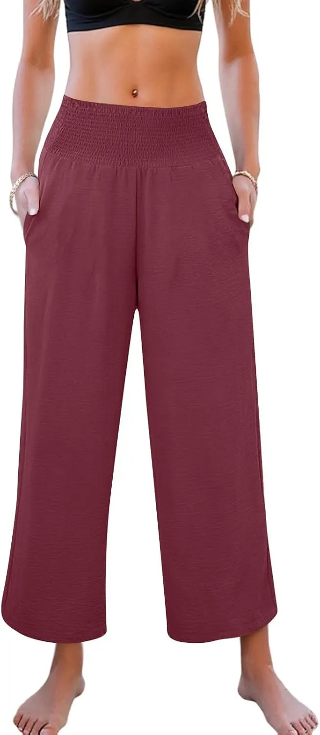 Wide Leg Linen Pants Women Loose Elastic High Waisted Smocked Lounge Palazzo Pants Flowy Beach Capri Pants with Pockets