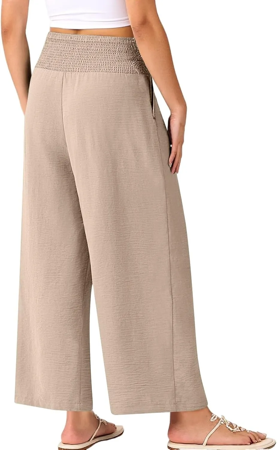 Wide Leg Linen Pants Women Loose Elastic High Waisted Smocked Lounge Palazzo Pants Flowy Beach Capri Pants with Pockets