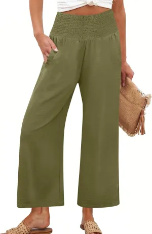 Wide Leg Linen Pants Women Loose Elastic High Waisted Smocked Lounge Palazzo Pants Flowy Beach Capri Pants with Pockets