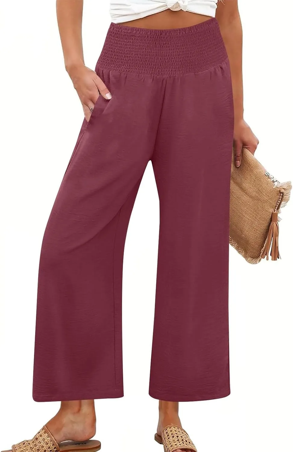 Wide Leg Linen Pants Women Loose Elastic High Waisted Smocked Lounge Palazzo Pants Flowy Beach Capri Pants with Pockets