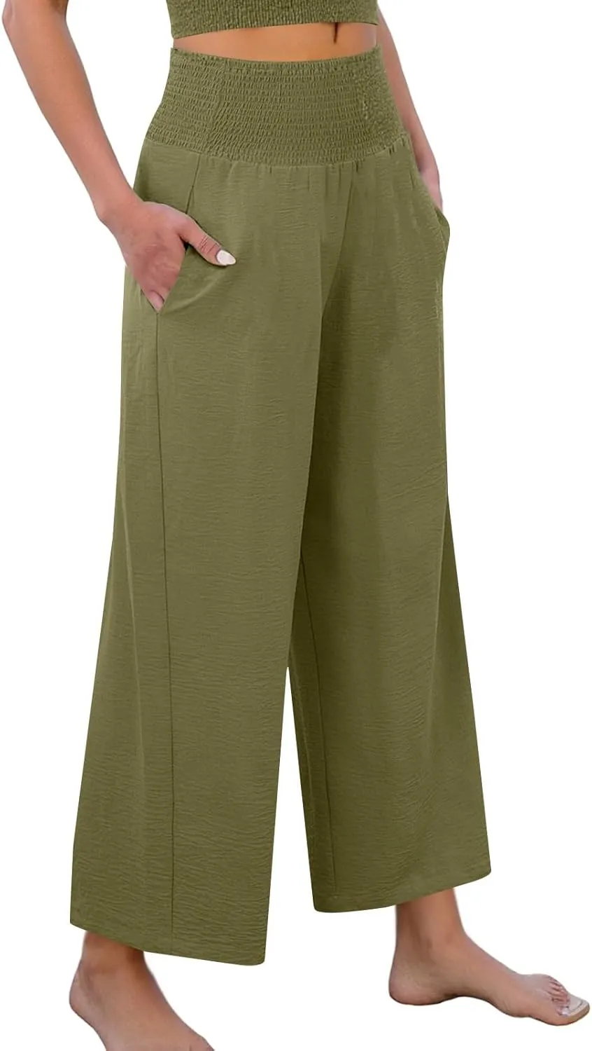 Wide Leg Linen Pants Women Loose Elastic High Waisted Smocked Lounge Palazzo Pants Flowy Beach Capri Pants with Pockets