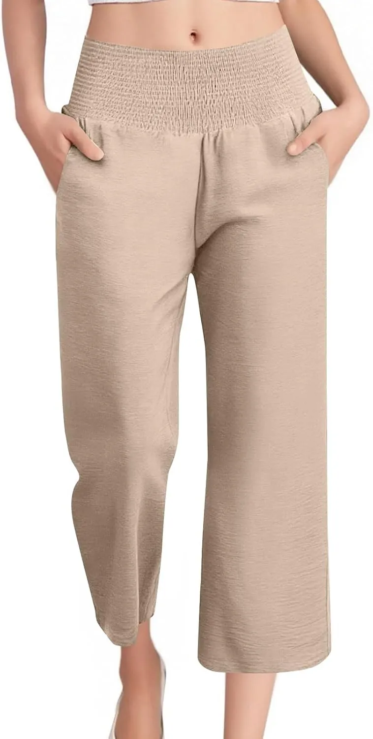 Wide Leg Linen Pants Women Loose Elastic High Waisted Smocked Lounge Palazzo Pants Flowy Beach Capri Pants with Pockets