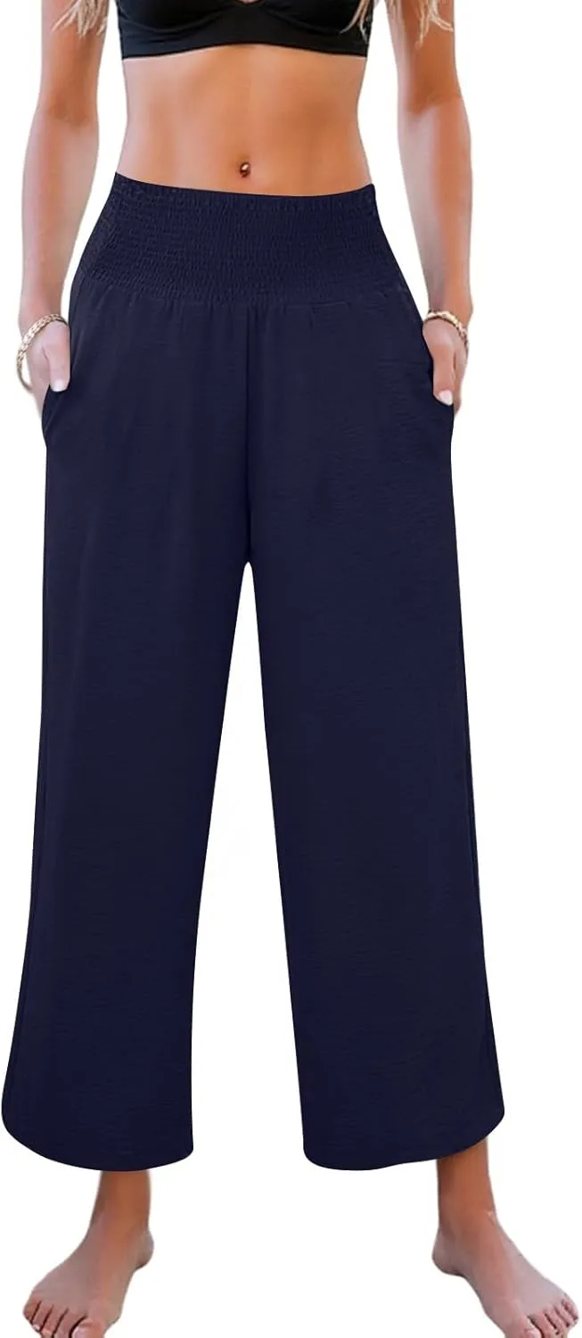 Wide Leg Linen Pants Women Loose Elastic High Waisted Smocked Lounge Palazzo Pants Flowy Beach Capri Pants with Pockets