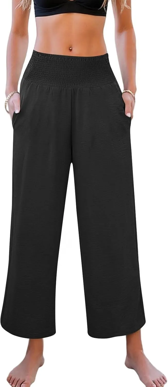 Wide Leg Linen Pants Women Loose Elastic High Waisted Smocked Lounge Palazzo Pants Flowy Beach Capri Pants with Pockets