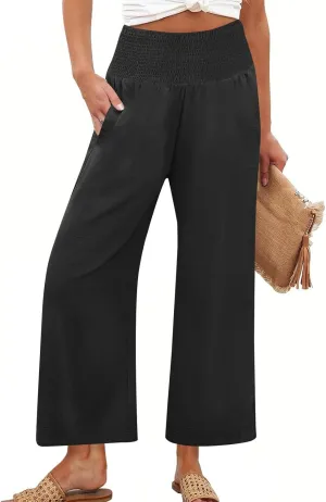 Wide Leg Linen Pants Women Loose Elastic High Waisted Smocked Lounge Palazzo Pants Flowy Beach Capri Pants with Pockets