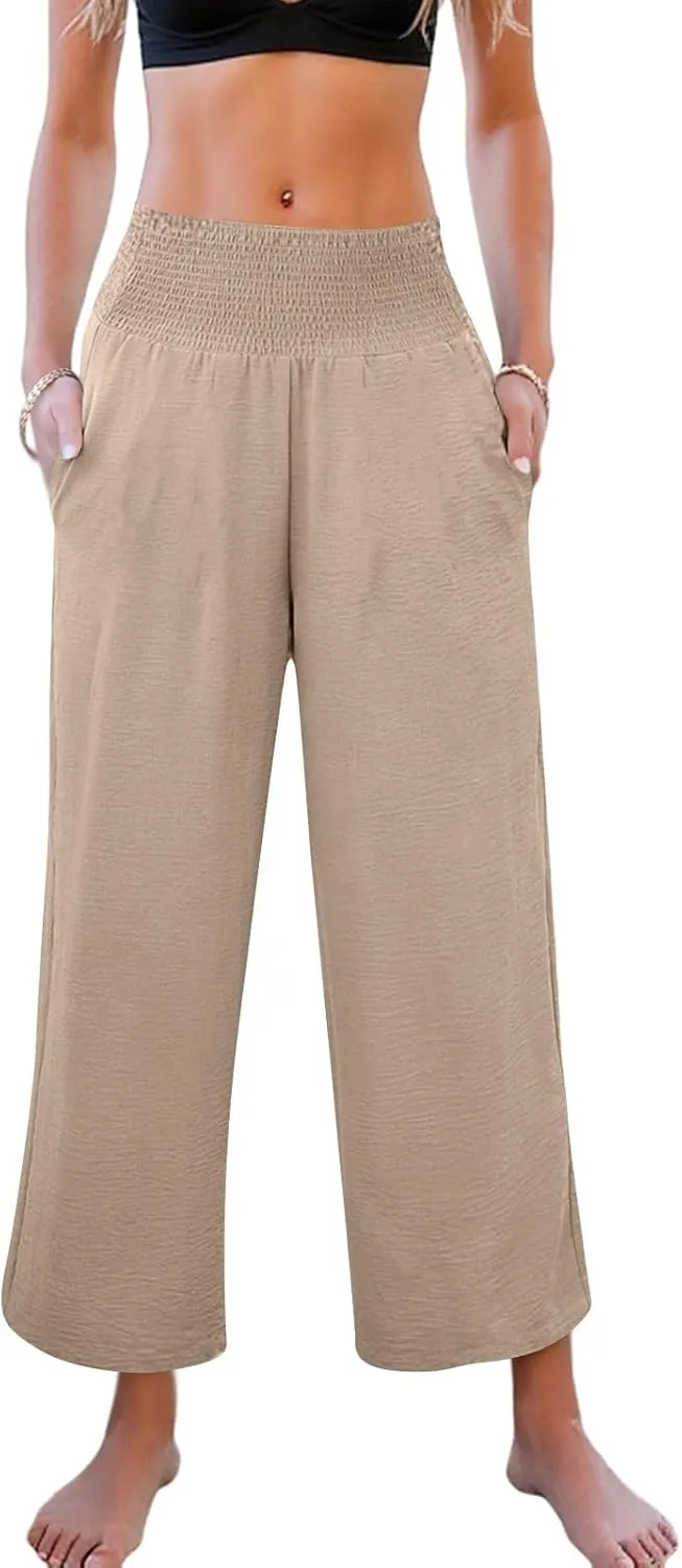 Wide Leg Linen Pants Women Loose Elastic High Waisted Smocked Lounge Palazzo Pants Flowy Beach Capri Pants with Pockets