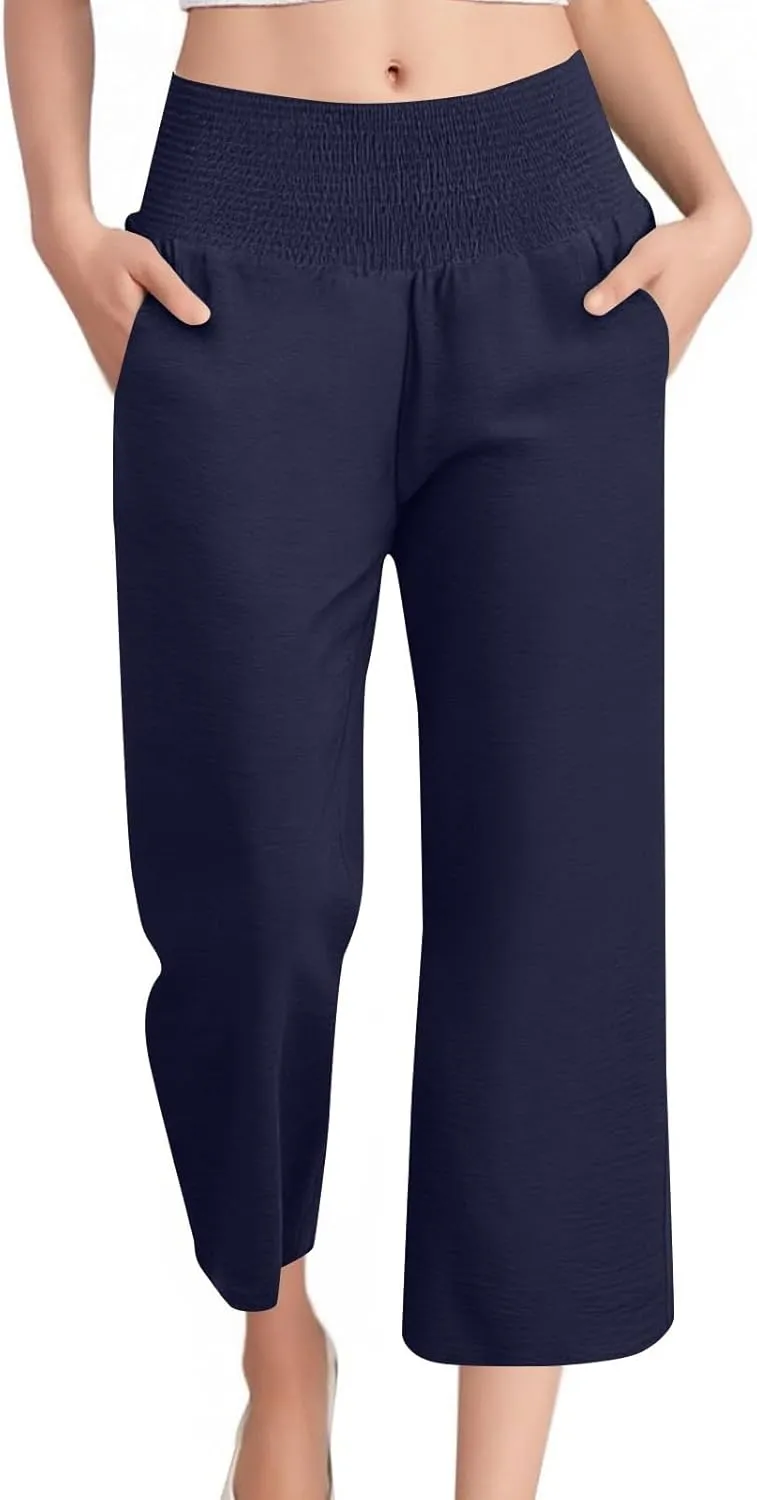 Wide Leg Linen Pants Women Loose Elastic High Waisted Smocked Lounge Palazzo Pants Flowy Beach Capri Pants with Pockets