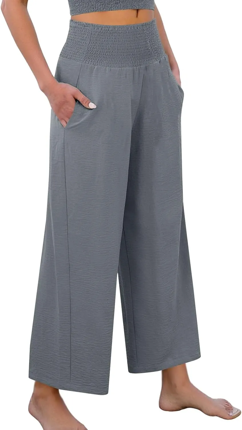 Wide Leg Linen Pants Women Loose Elastic High Waisted Smocked Lounge Palazzo Pants Flowy Beach Capri Pants with Pockets