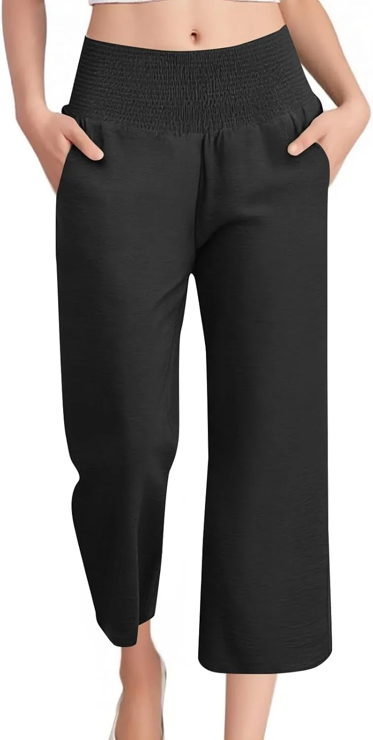 Wide Leg Linen Pants Women Loose Elastic High Waisted Smocked Lounge Palazzo Pants Flowy Beach Capri Pants with Pockets