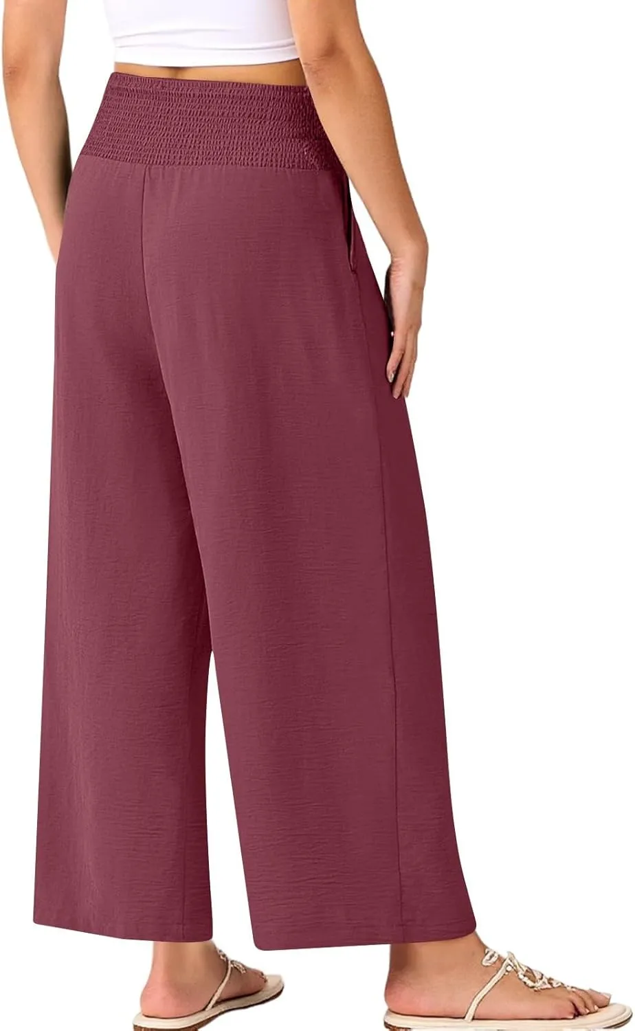 Wide Leg Linen Pants Women Loose Elastic High Waisted Smocked Lounge Palazzo Pants Flowy Beach Capri Pants with Pockets