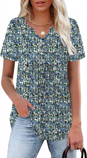 WIHOLL Women Summer Tops Short Sleeve Shirts V Neck Button Dressy Casual Pleated Blouses Fashion Outfits