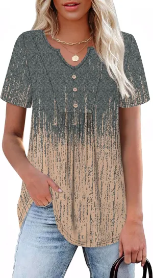 WIHOLL Women Summer Tops Short Sleeve Shirts V Neck Button Dressy Casual Pleated Blouses Fashion Outfits