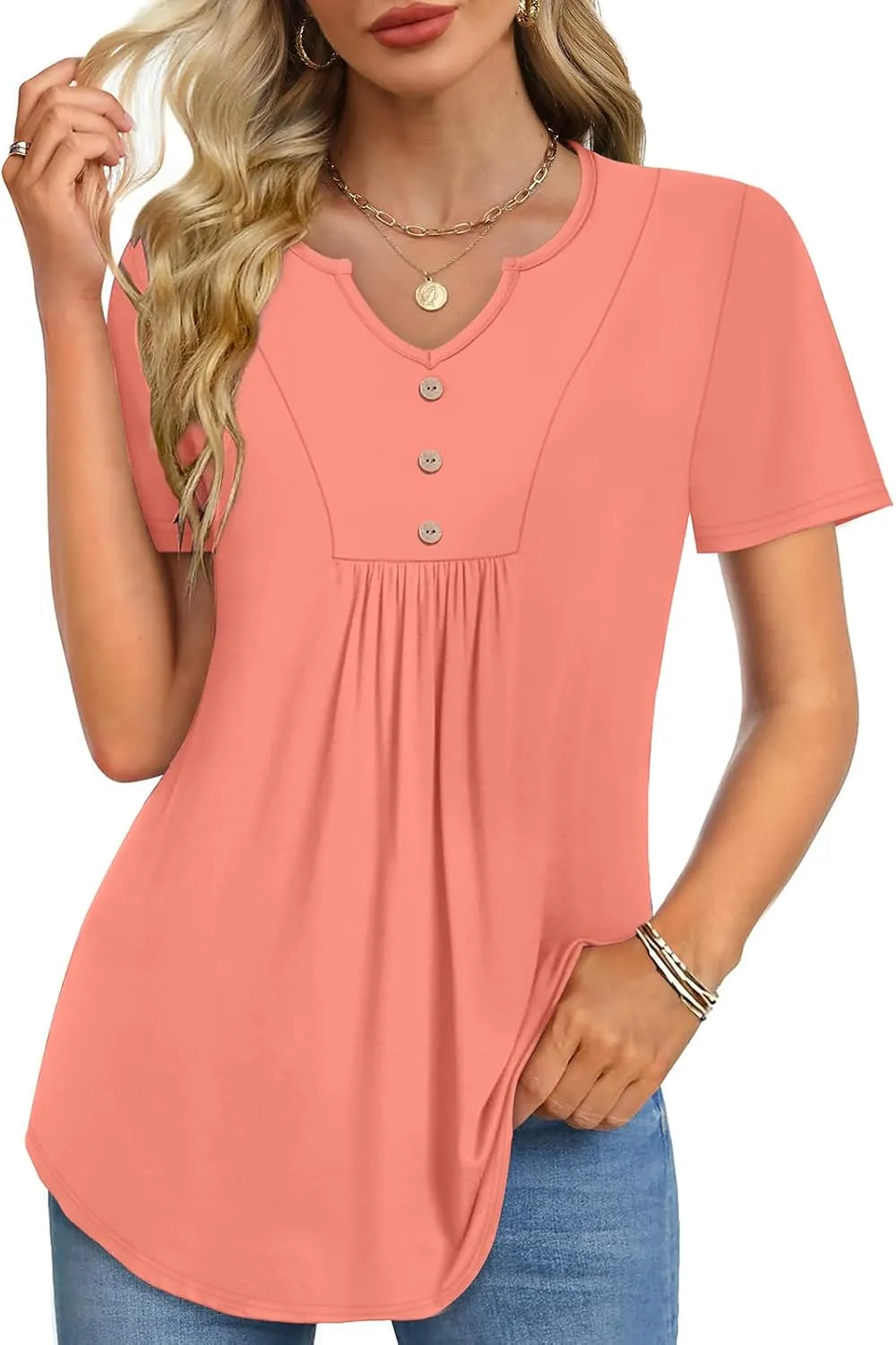 WIHOLL Women Summer Tops Short Sleeve Shirts V Neck Button Dressy Casual Pleated Blouses Fashion Outfits