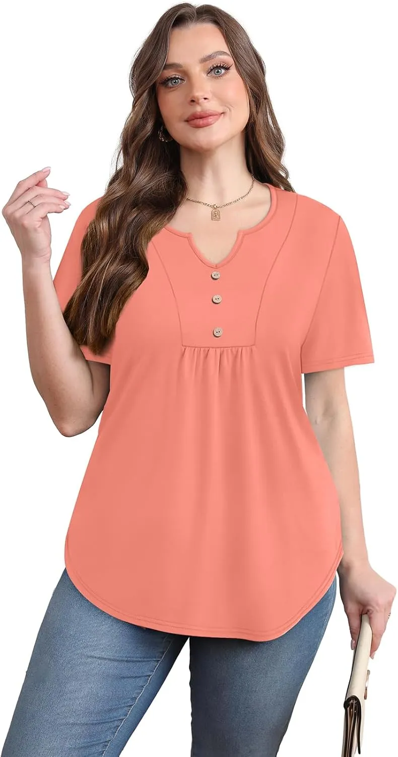 WIHOLL Women Summer Tops Short Sleeve Shirts V Neck Button Dressy Casual Pleated Blouses Fashion Outfits