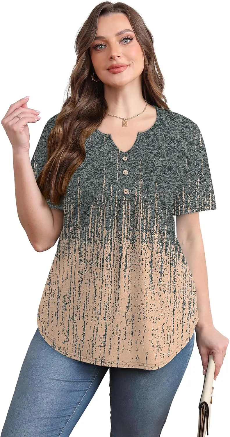 WIHOLL Women Summer Tops Short Sleeve Shirts V Neck Button Dressy Casual Pleated Blouses Fashion Outfits