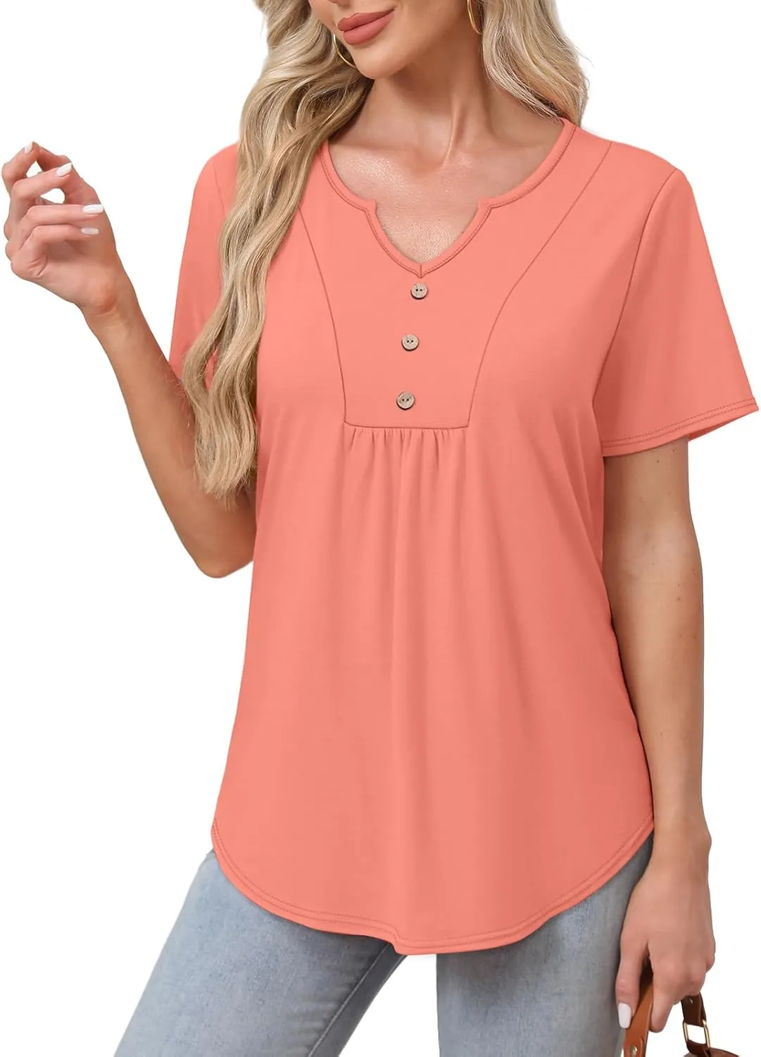 WIHOLL Women Summer Tops Short Sleeve Shirts V Neck Button Dressy Casual Pleated Blouses Fashion Outfits