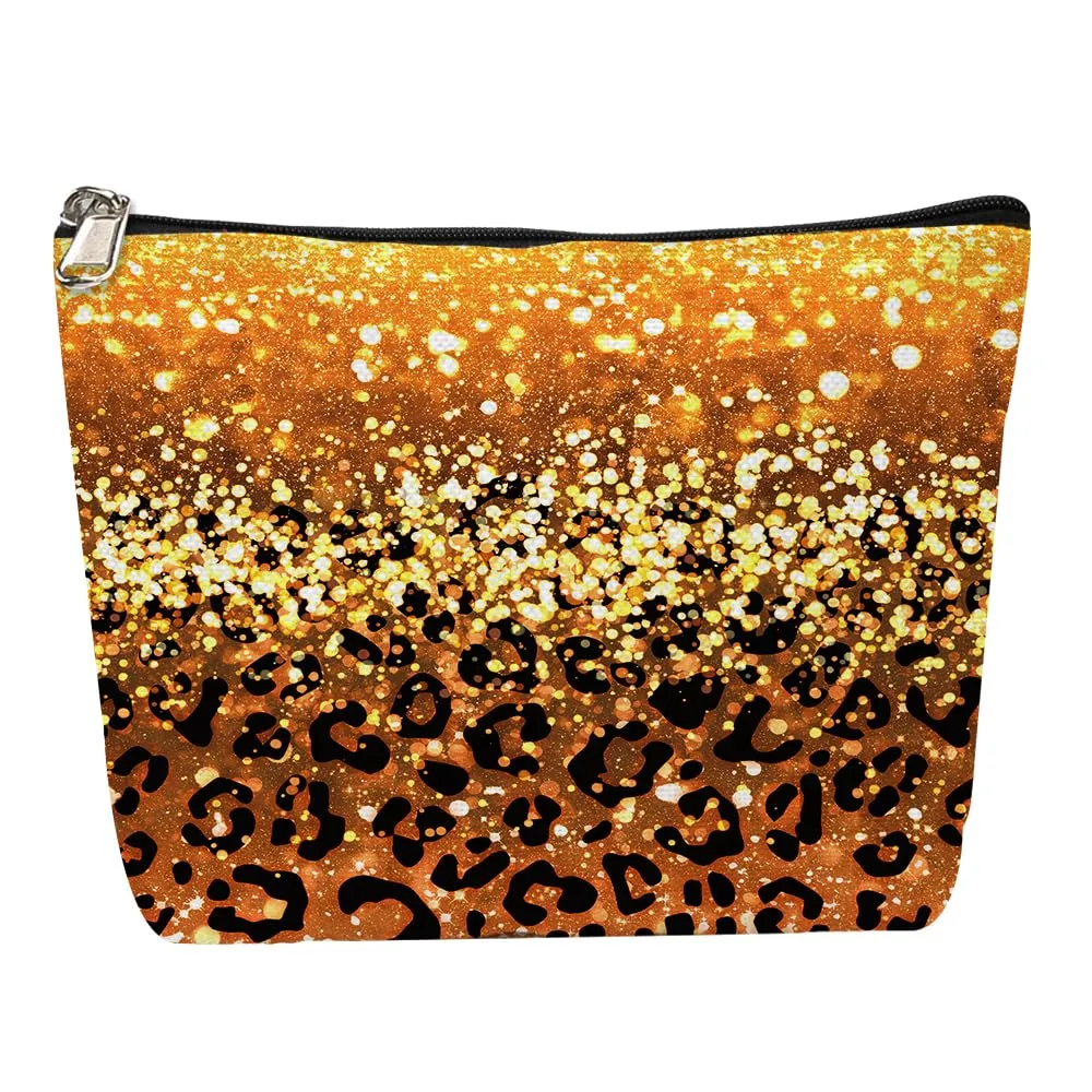WIRESTER Zipper Makeup Bag 10 x 8 Inch, Cosmetic Pouch, Organizer Case for Women Girl, Multi-Purpose Travel Cosmetic Bag - Gold Glitter Sparkle Black Yellow Glitter Leopard