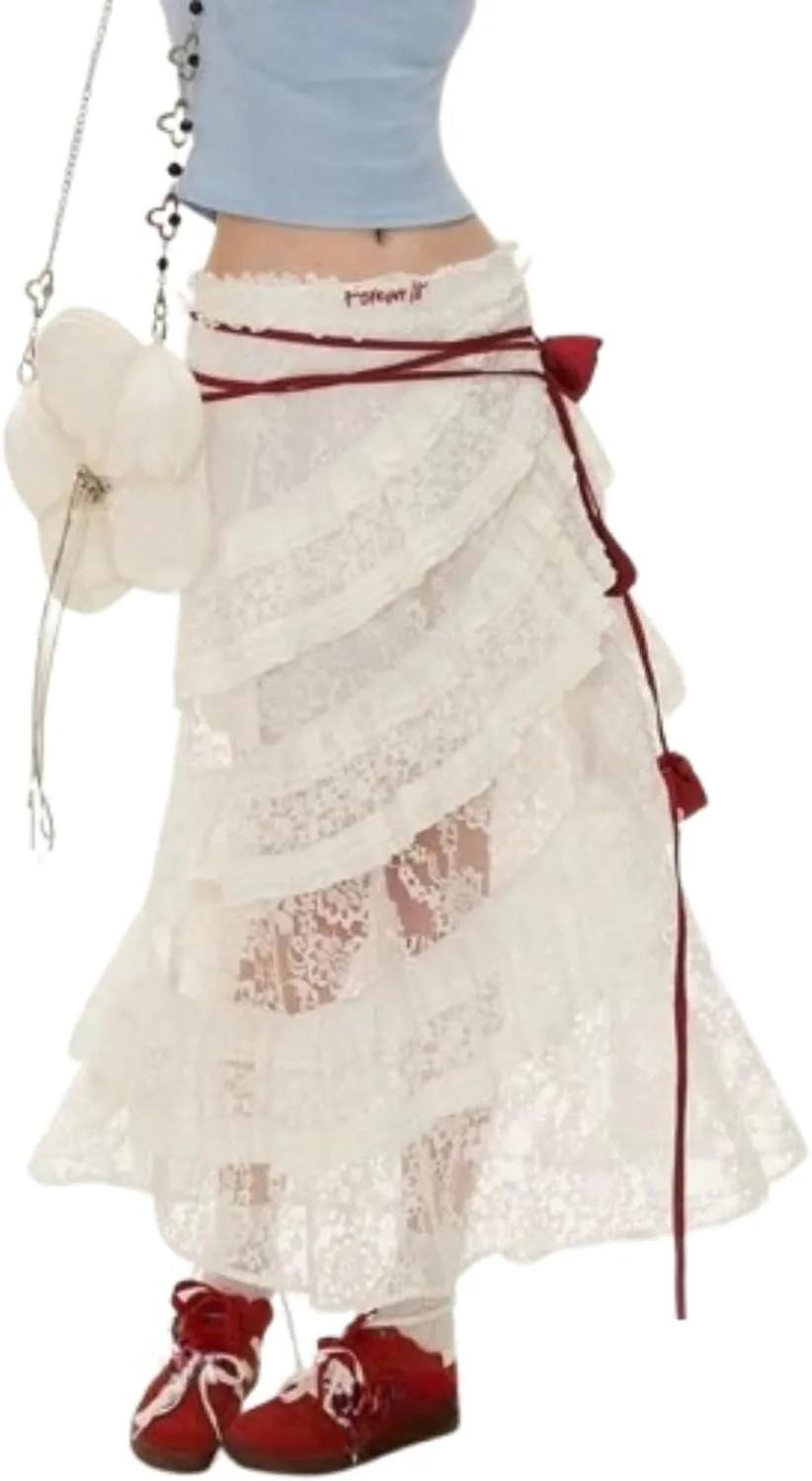 Women Boho Lace Maxi Skirt High Waist Ruffle A-Line Flare Long Skirts Y2K Summer Elegant Beach Party Dress