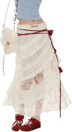 Women Boho Lace Maxi Skirt High Waist Ruffle A-Line Flare Long Skirts Y2K Summer Elegant Beach Party Dress