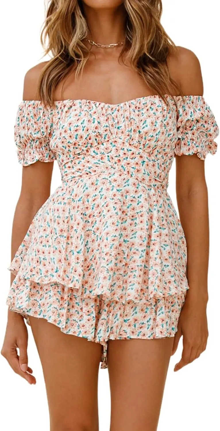 Women Boho Off Shoulder Romper Shorts Summer Floral Ruffle Jumpsuits Dressy