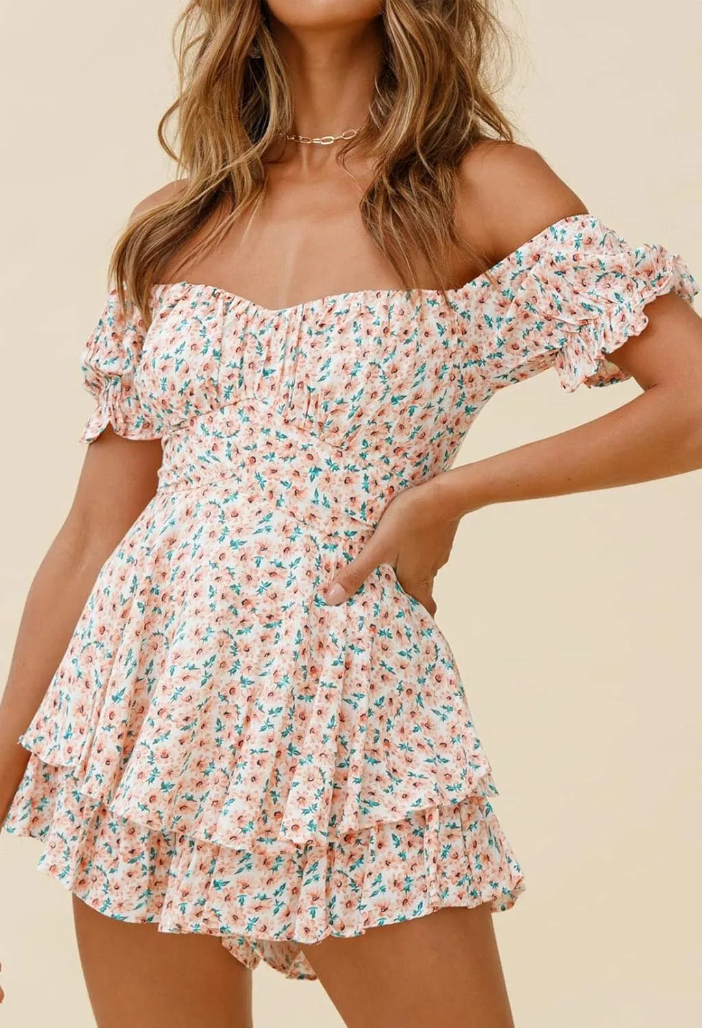 Women Boho Off Shoulder Romper Shorts Summer Floral Ruffle Jumpsuits Dressy