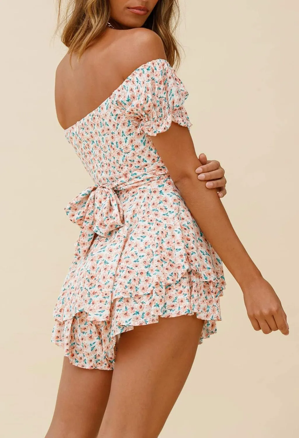 Women Boho Off Shoulder Romper Shorts Summer Floral Ruffle Jumpsuits Dressy