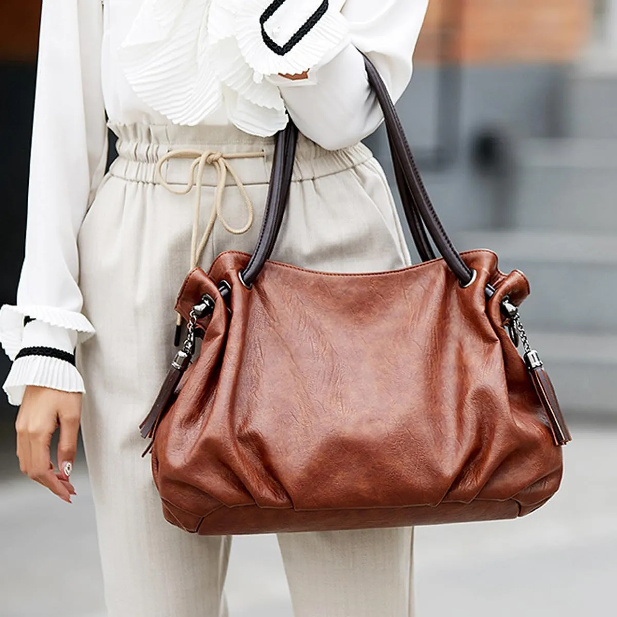 Women Fringed Tassel Handbag Fashion PU Leather Shoulder Bag Large Purse Vintage Top-Handle Bag Satchel Tote