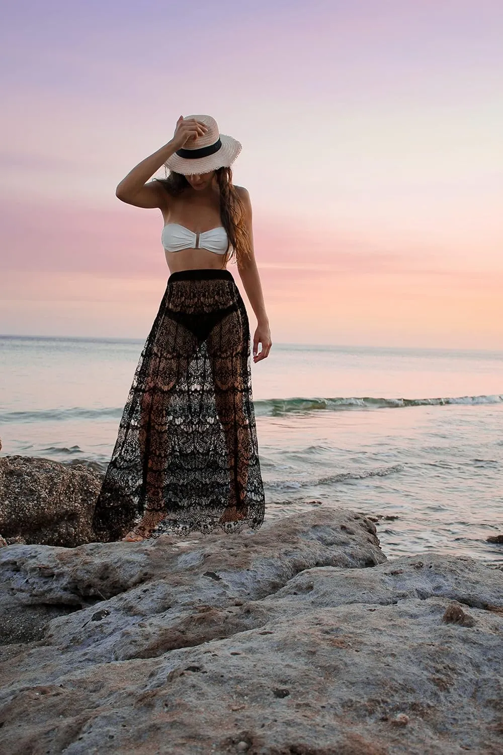 Women High Waist Mesh Maxi Skirt See-Through Beach Long Tulle Skirt Bodysuit Cover-Up
