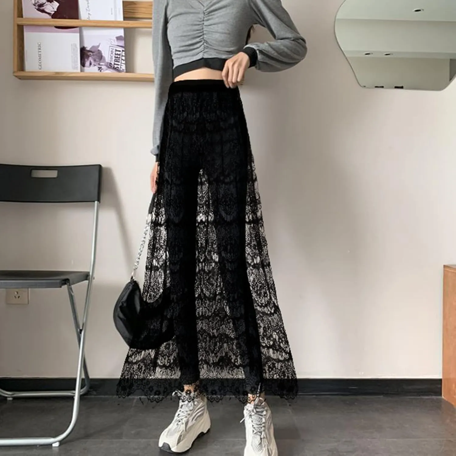 Women High Waist Mesh Maxi Skirt See-Through Beach Long Tulle Skirt Bodysuit Cover-Up