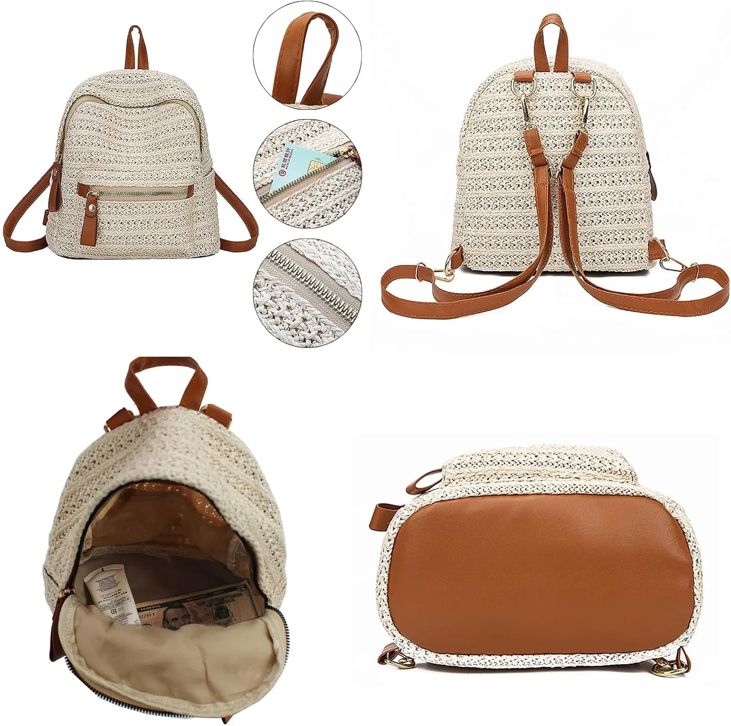 Women Mini Straw Woven Backpack Small Daypack Convertible Cross-body Shoulder Bag