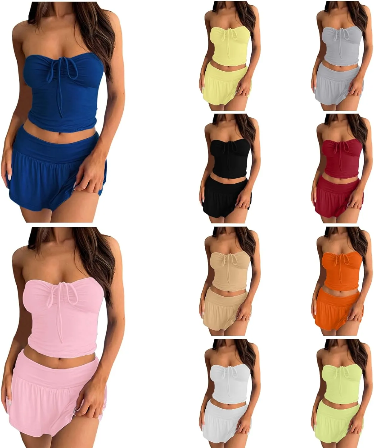 Women Sexy Summer 2 Piece Mini Skirt Set Y2K Off Shoulder Tube Tops Low Rise Ruffle Pleated Mini Skirts