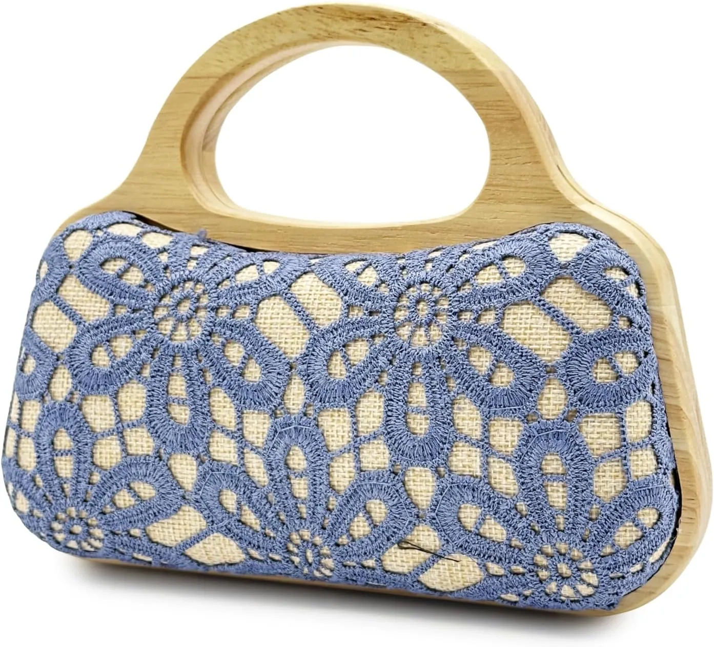 Women Straw Embroidered Flowers Clutch Purse Wooden Top Handle Evening Handbag Summer Beach Purse Straw Crossbody Bag